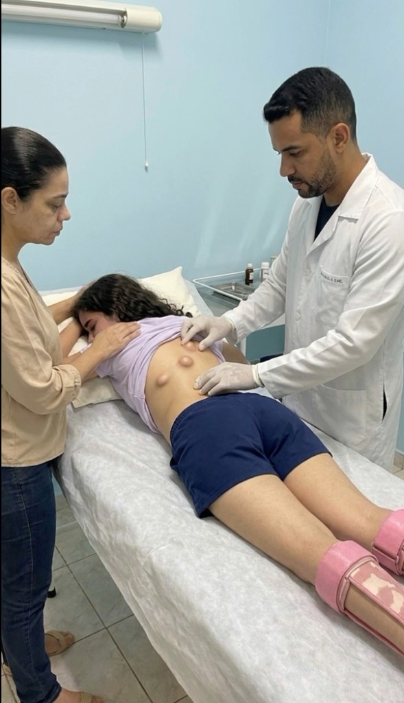 Médico avalia os caroços nas costas da Lorena, com a mãe Renata ao lado