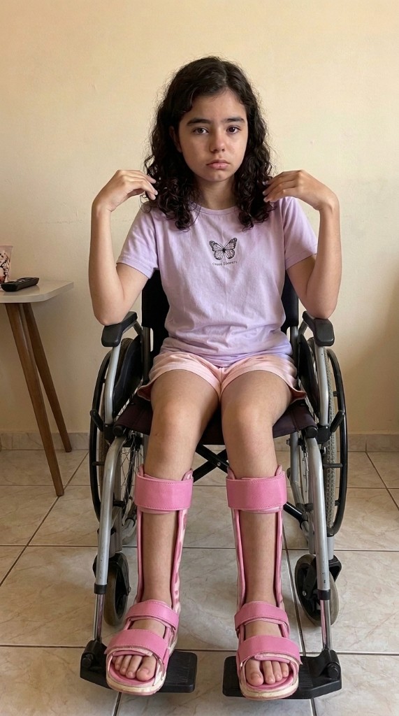 Lorena sentada na cadeira de rodas, com órteses rosa nas pernas